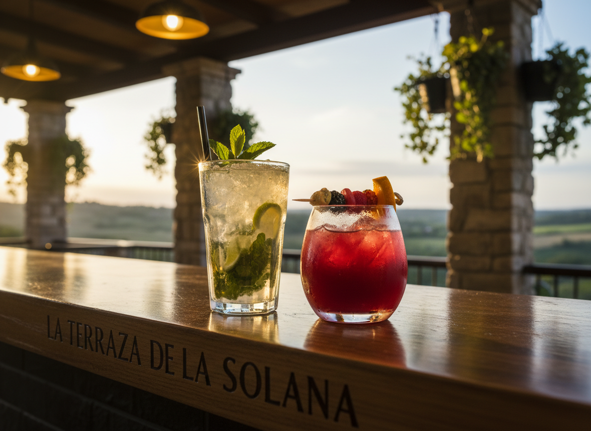A playful, refreshing scene of two vibrant cocktails resting on a smooth, dark wooden bar counter at La Terraza de la Solana, rendered in crisp photographic realism. One is a tall, icy mojito in a clear glass packed with crushed ice, bright green mint leaves, and lime wedges; the other a deep red fruit cocktail in a curved glass with a frosted exterior and colorful garnish. Behind them, a softly blurred view of the terrace reveals stone pillars, hanging plants, and a hint of the surrounding Comarca landscape. Warm pendant lights from above create sparkling reflections in the glass and subtle highlights along the bar’s glossy grain. Captured from a slightly low angle with a shallow depth of field, the composition feels fun and energetic, inviting the viewer to imagine sipping drinks under the evening sky.