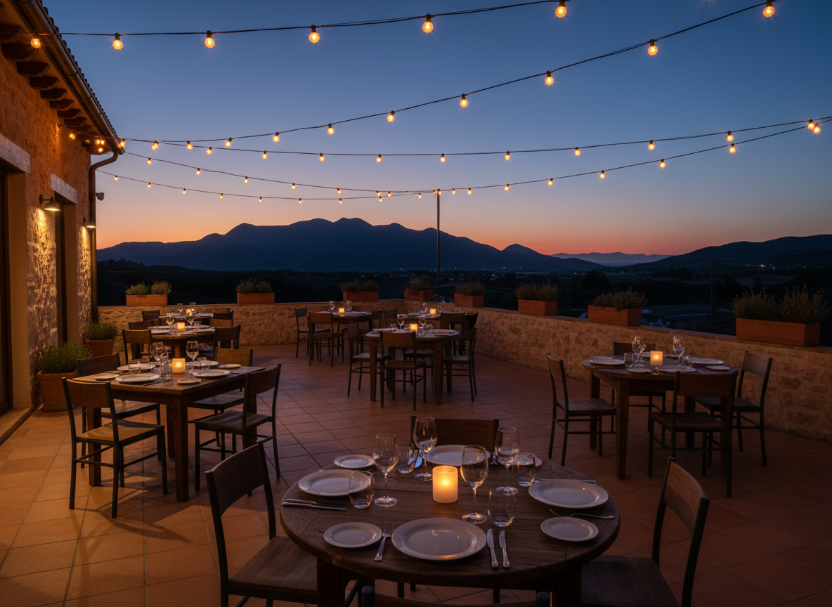 An atmospheric twilight view of La Terraza de la Solana’s dining area, designed for cozy dinners in photographic realism. Several square and round wooden tables are neatly arranged on terracotta-tiled flooring, each set with simple white plates, polished cutlery, and a small, softly glowing candle in a frosted glass holder. A low stone perimeter wall encloses the terrace, beyond which the darkening silhouette of Andorra Sierra de Arcos’ rolling terrain stretches out. Overhead, warm string lights and a few discreet wall sconces bathe the scene in a gentle amber light, casting soft, overlapping shadows. The air seems crisp and tranquil. Shot from a slightly elevated corner perspective for depth, the composition guides the eye from the closest table into the distance, conveying a romantic yet playful evening atmosphere perfect for relaxed dinners and late-night conversations.