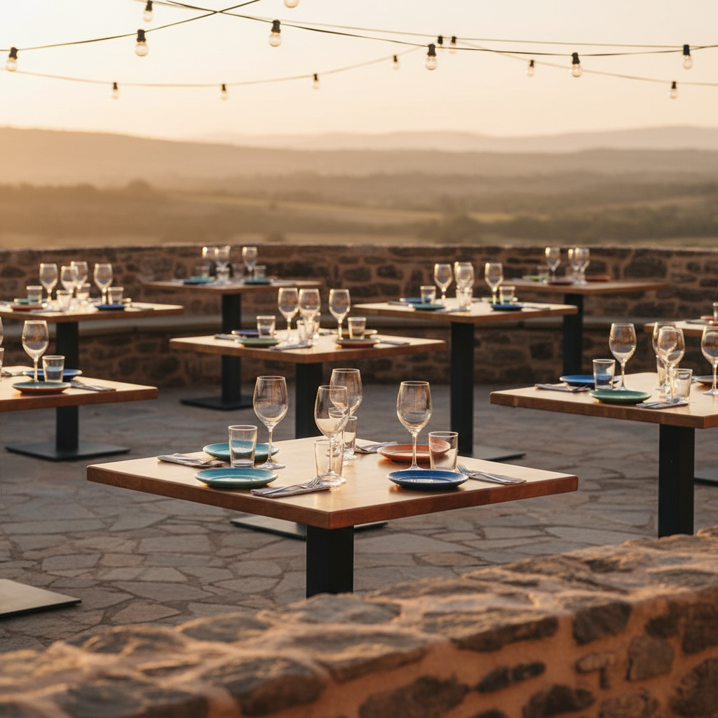 A wide, inviting panoramic view of La Terraza de la Solana’s outdoor bar area at golden hour, captured in rich photographic realism. Neatly arranged wooden tables with smooth, honey-toned surfaces and slate-gray metal bases are set with empty, gleaming glasses and colorful ceramic tapas plates. The terrace is framed by low stone walls with rustic texture, overlooking soft, rolling hills of the Comarca de Andorra Sierra de Arcos in the distance. Warm string lights zigzag overhead, casting a playful, amber glow and gentle shadows. Shot at eye level with a slight angle toward the horizon, the composition uses the rule of thirds, with sharp focus on the nearest table and a soft bokeh on the scenic background, creating a welcoming, vibrant, yet relaxed atmosphere perfect for eating, dining, and evening drinks.