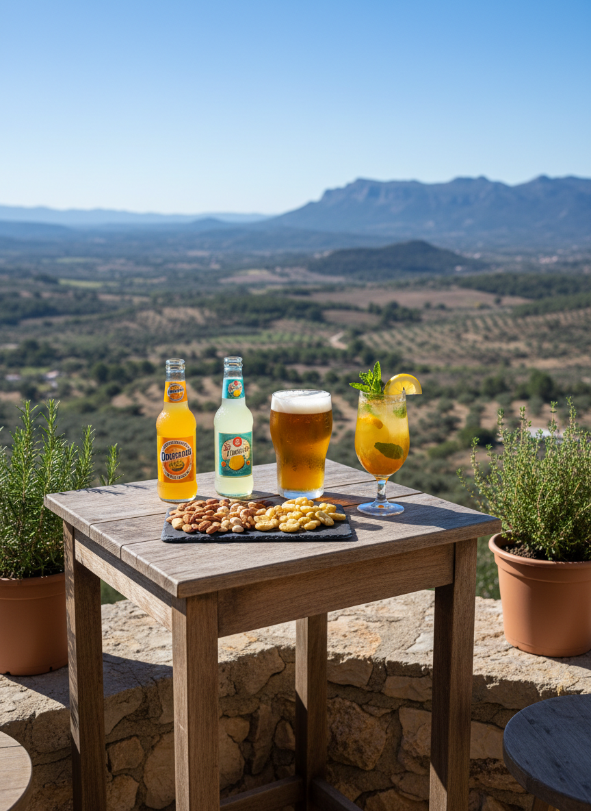 A bright, midday photographic-realistic scene showcasing the playful side of La Terraza de la Solana: a high, rustic wooden bar-height table positioned near the terrace edge, overlooking the sunlit landscape of the Comarca de Andorra Sierra de Arcos. On the table, a colorful assortment of beverages—sparkling sodas in glass bottles, a chilled craft beer with condensation beads on its amber surface, and a citrusy mocktail in a tall, clear glass—surround a small slate plate of mixed nuts and crunchy snacks. A light breeze ruffles the leaves of nearby potted rosemary and thyme, placed along the stone ledge. The sun’s clear, bright light creates crisp shadows and lively reflections, while the composition, shot at eye level with moderate depth of field, feels casual, spontaneous, and fun, emphasizing the terrace as the best place to relax, snack, and enjoy a drink.