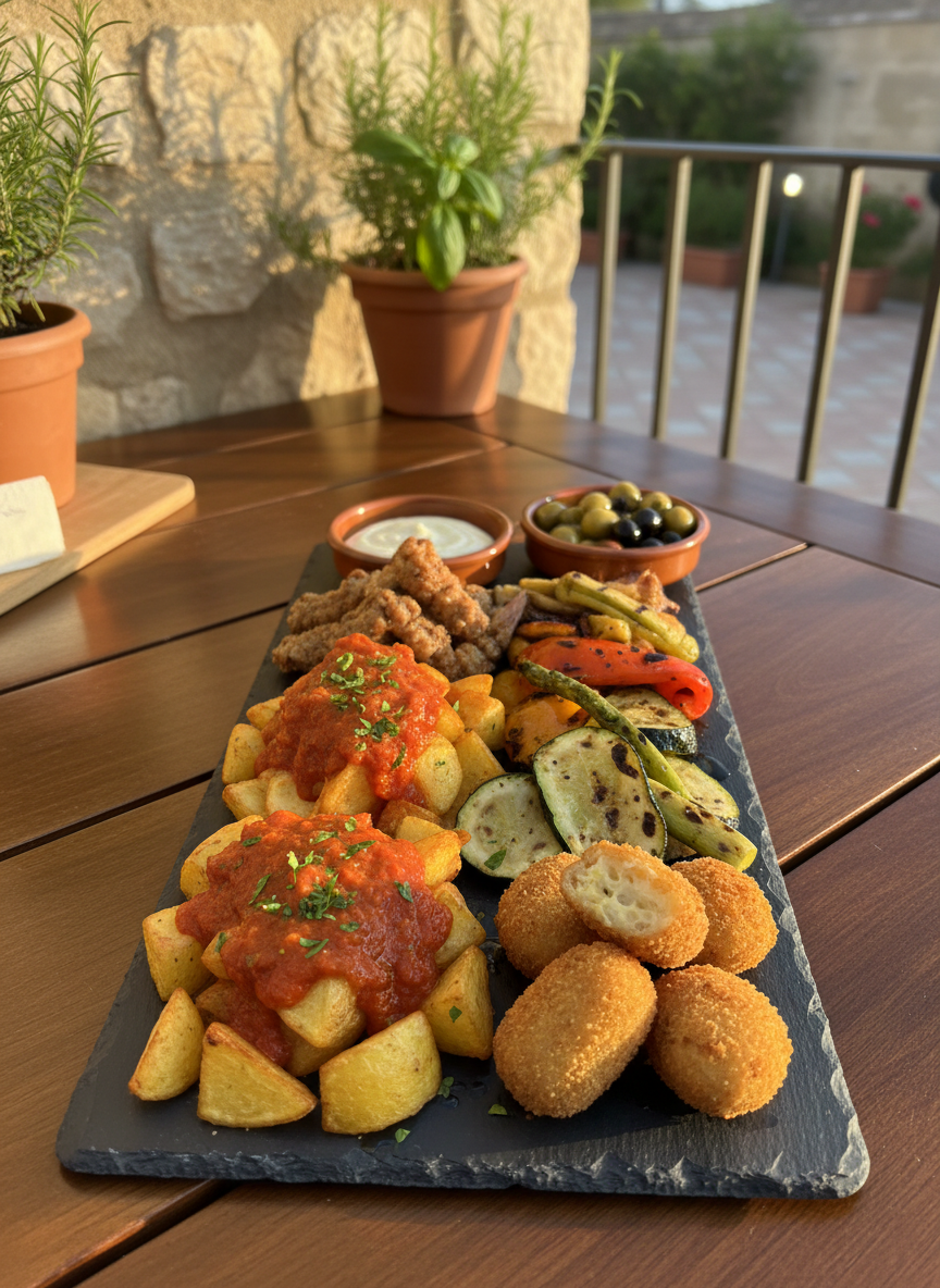A close-up, mouthwatering overhead shot of a long, rectangular slate serving board on a polished wooden terrace table at La Terraza de la Solana, created in vibrant photographic realism. The board is filled with colorful tapas: crispy patatas bravas with spicy red sauce, golden croquetas with a crunchy breadcrumb texture, grilled vegetables with charred edges, and small terracotta bowls of olives and sauces. The late afternoon sun washes over the scene, creating gentle highlights on the glistening olive oil and soft shadows around each dish. In the softly blurred background, the terrace’s stone wall and potted aromatic herbs suggest an outdoor setting. The mood is playful and festive, emphasizing abundance and flavor, with a balanced, centered composition and shallow depth of field to keep the focus sharply on the textures and colors of the food.