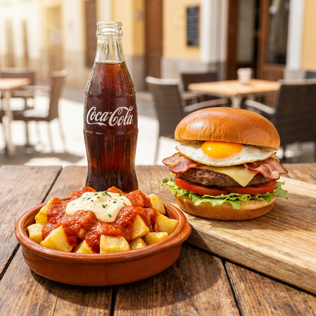 Gourmet burger with fried egg, patatas bravas, and a Coca-Cola bottle on an outdoor table.